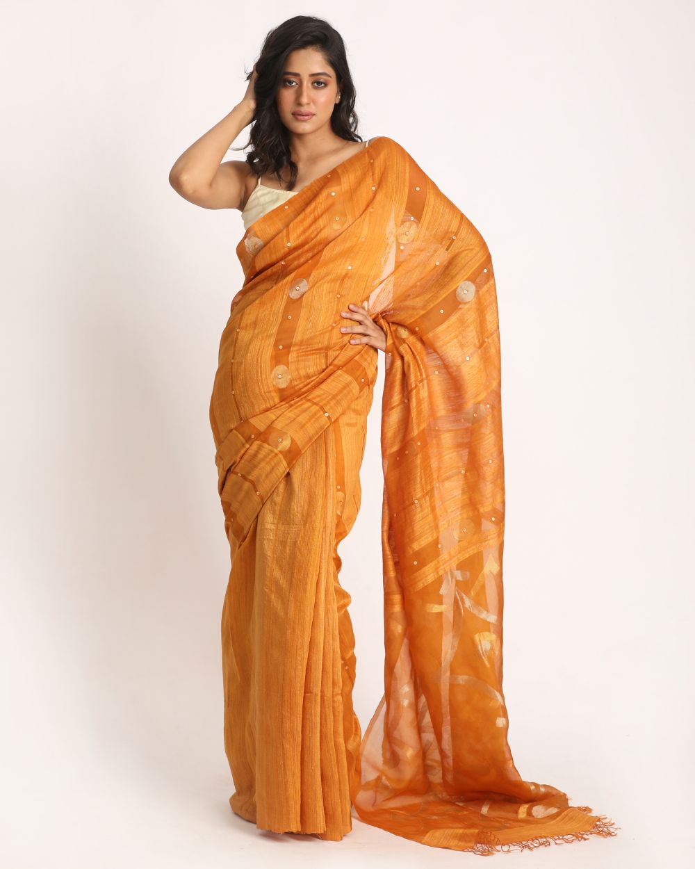 Orange handwoven resham and matka silk jamdani saree