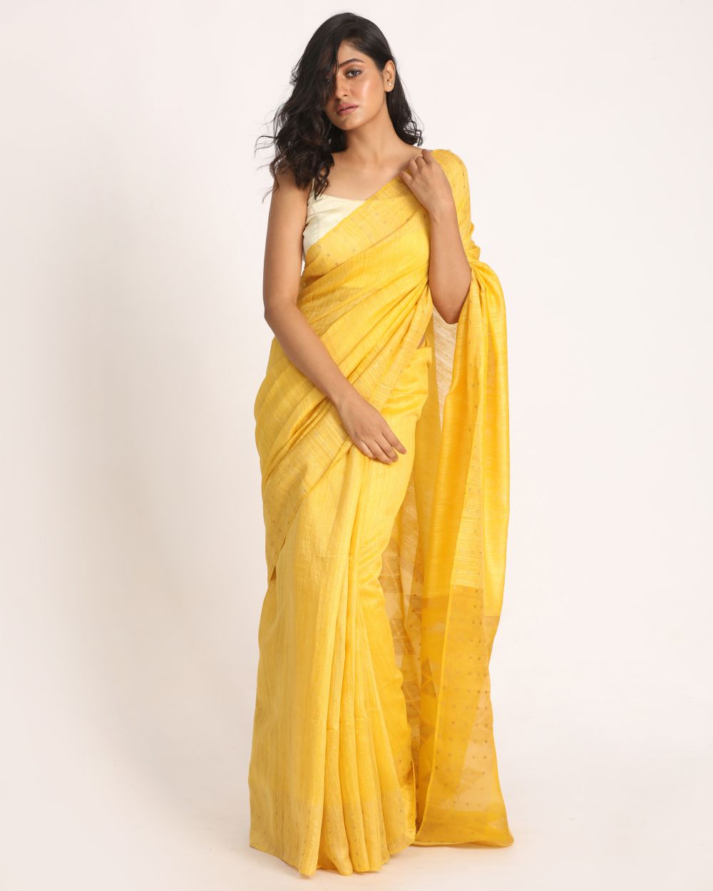 Yellow handloom resham and matka silk jamdani saree