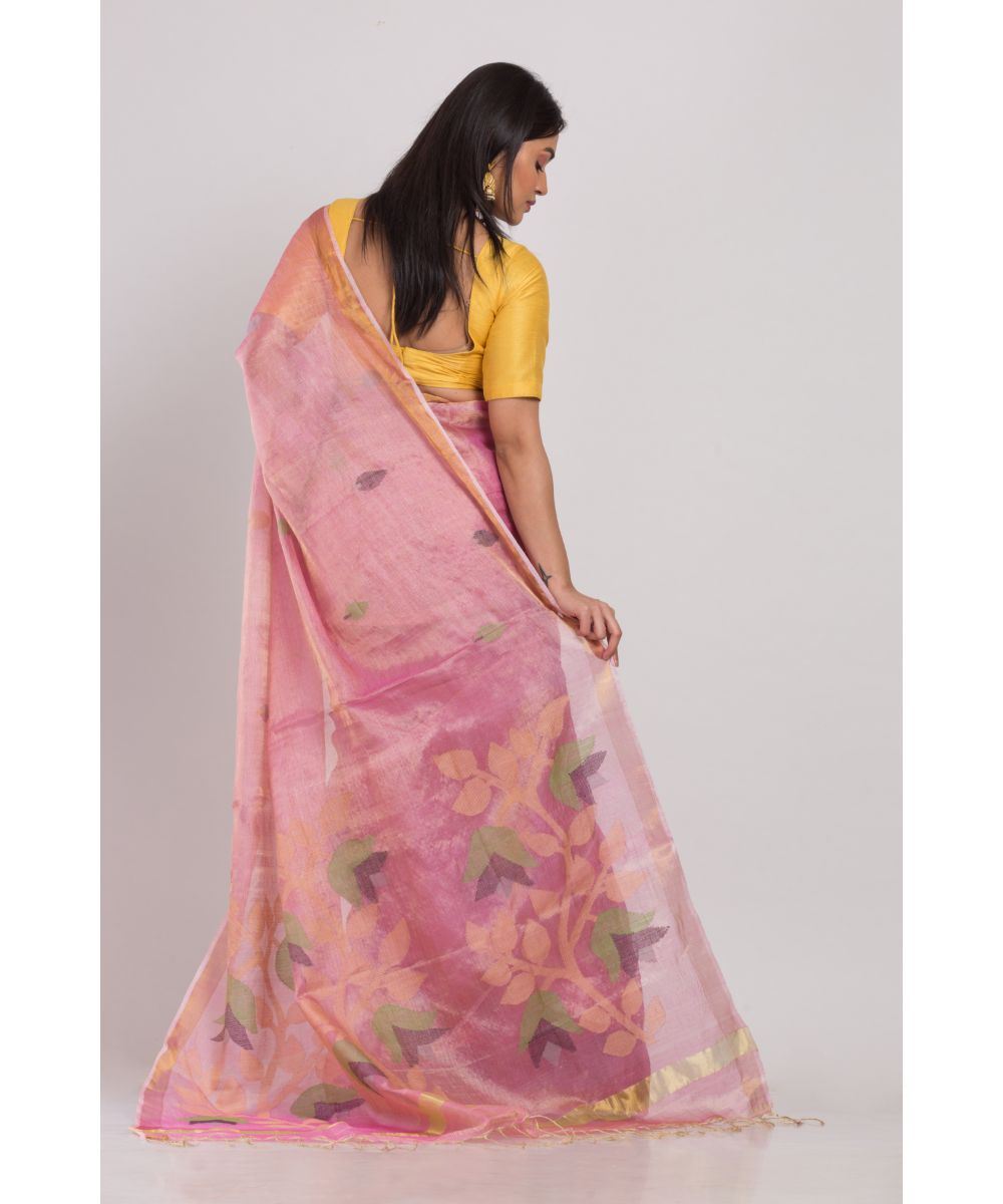 Pink handwoven bengal tussar silk jamdani saree