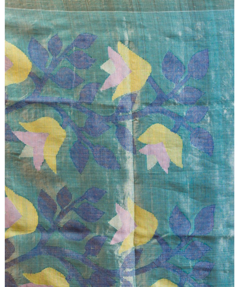 Cyan blue handwoven bengal tussar silk jamdani saree