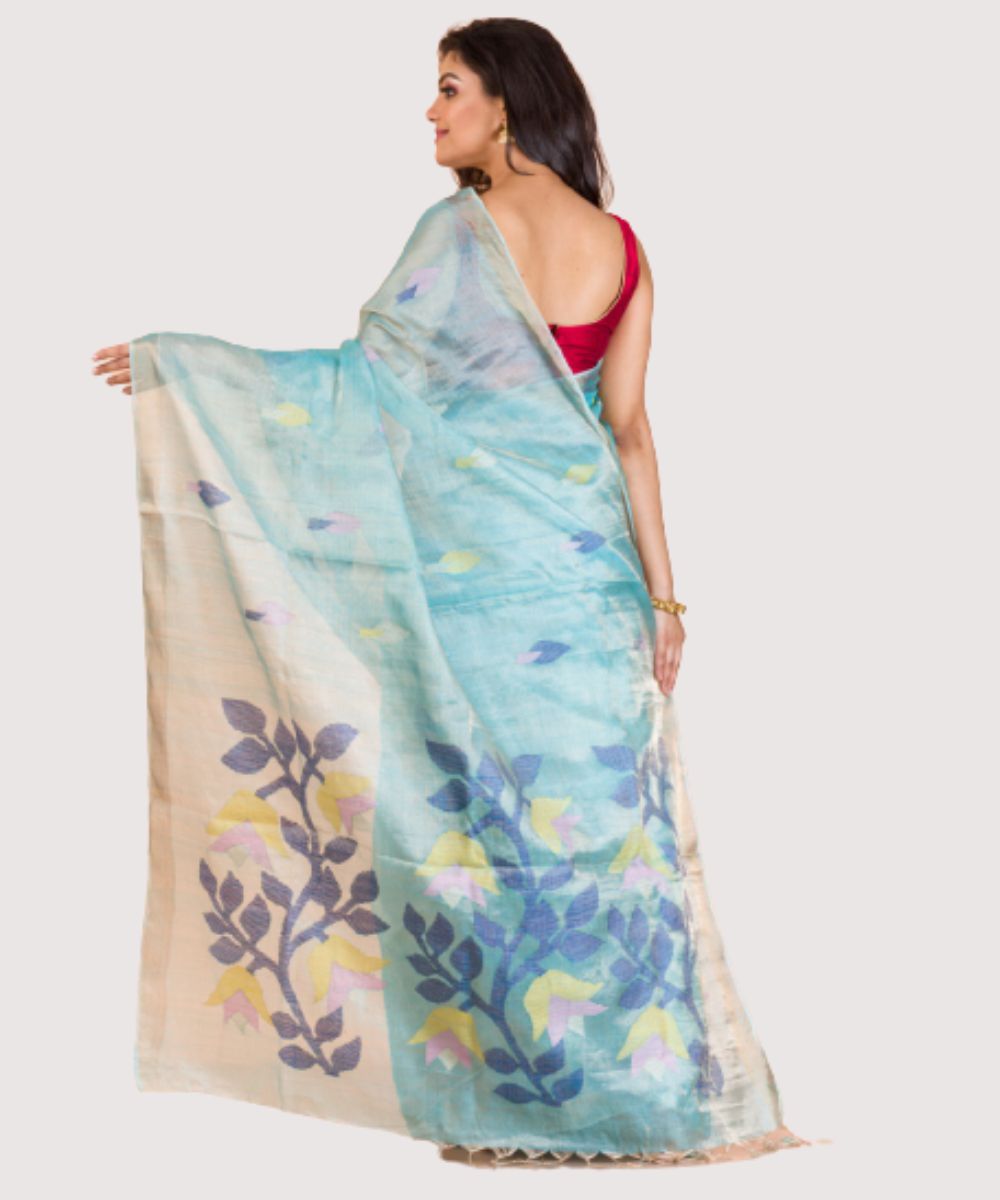 Cyan blue handwoven bengal tussar silk jamdani saree