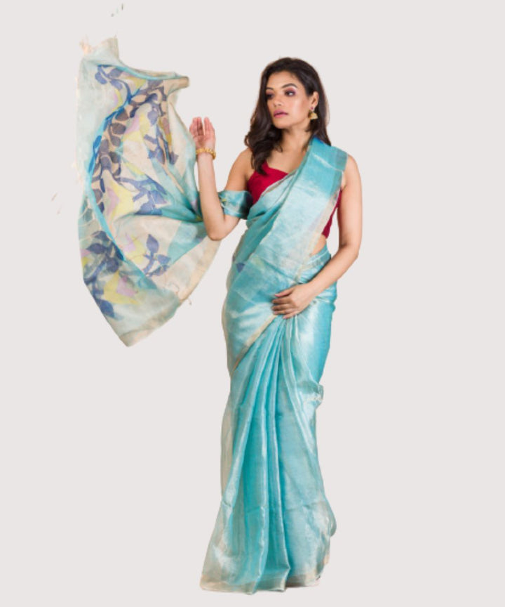 Cyan blue handwoven bengal tussar silk jamdani saree
