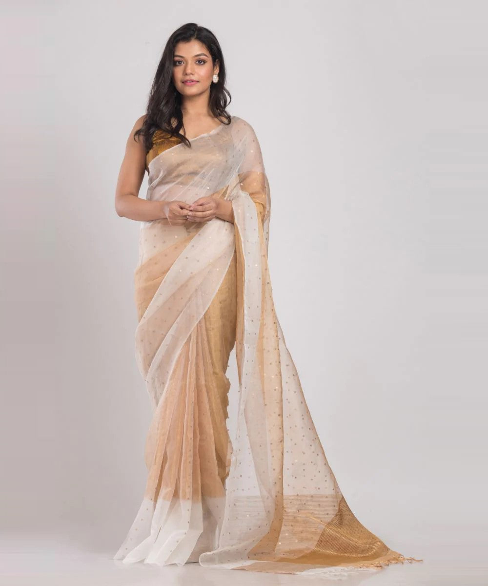 White gold handwoven bengal silk saree