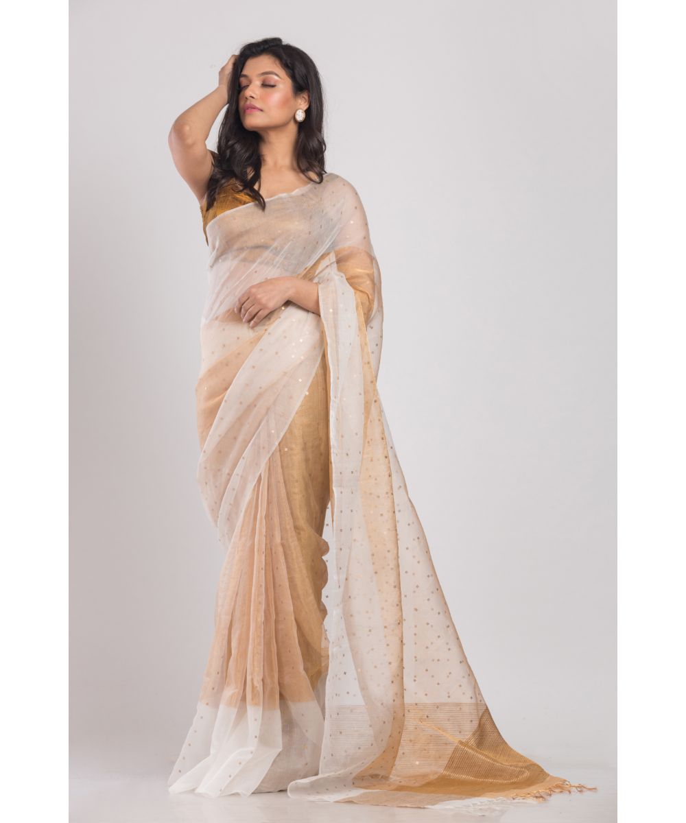 White gold handwoven bengal silk saree