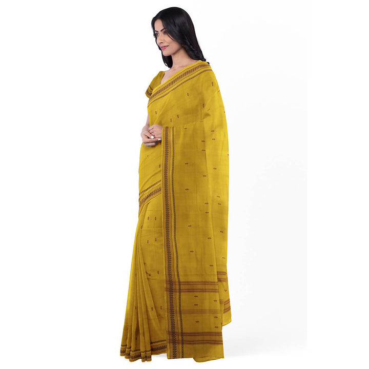 Mustard yellow handwoven cotton bandar saree