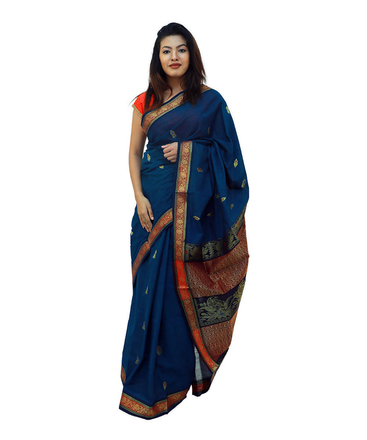 Peacock blue colour bandar handloom cotton butta saree