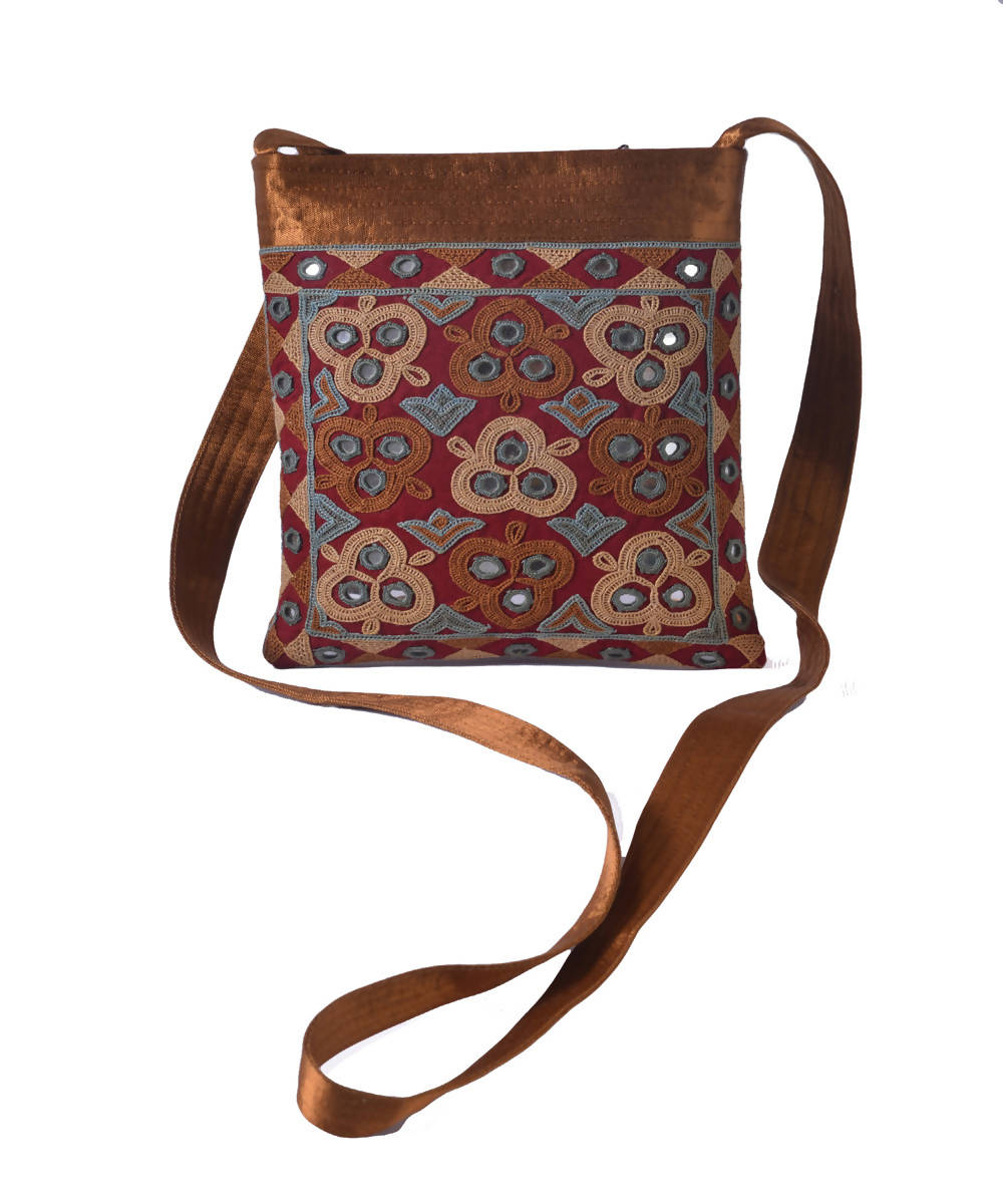 Rust hand embroidery mashroo cross body bag