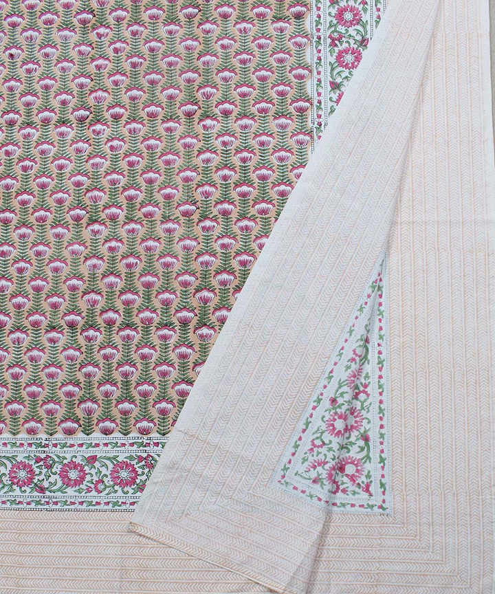 Peach green cotton hand block print bedsheet