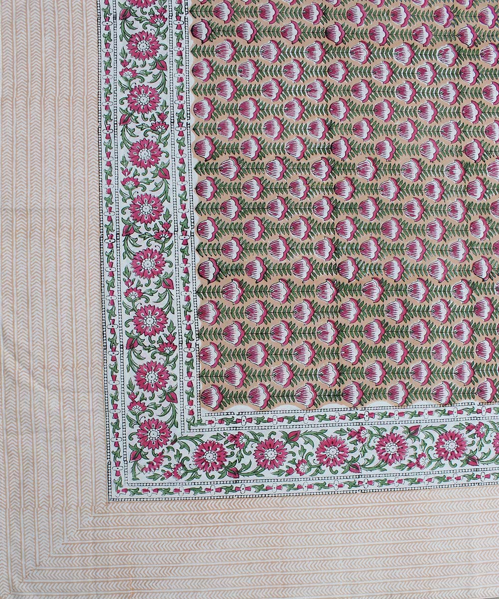 Peach green cotton hand block print bedsheet