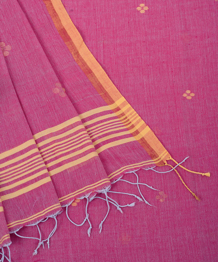 Pink yellow border handwoven cotton jamdani saree