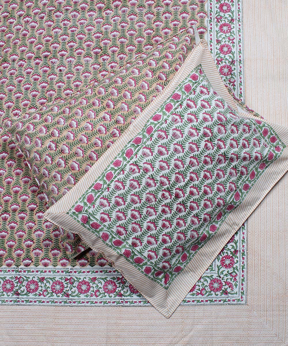 Peach green cotton hand block print bedsheet