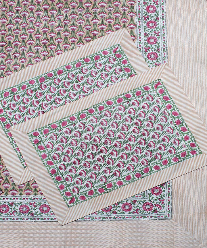 Peach green cotton hand block print bedsheet