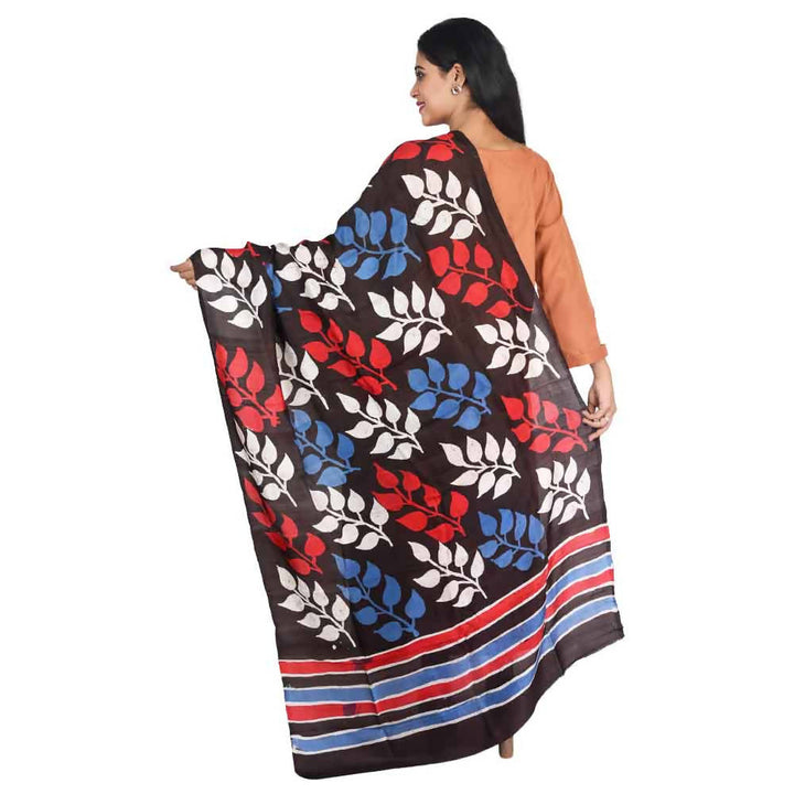 Black leaf motif batik hand dyed handwoven silk dupatta