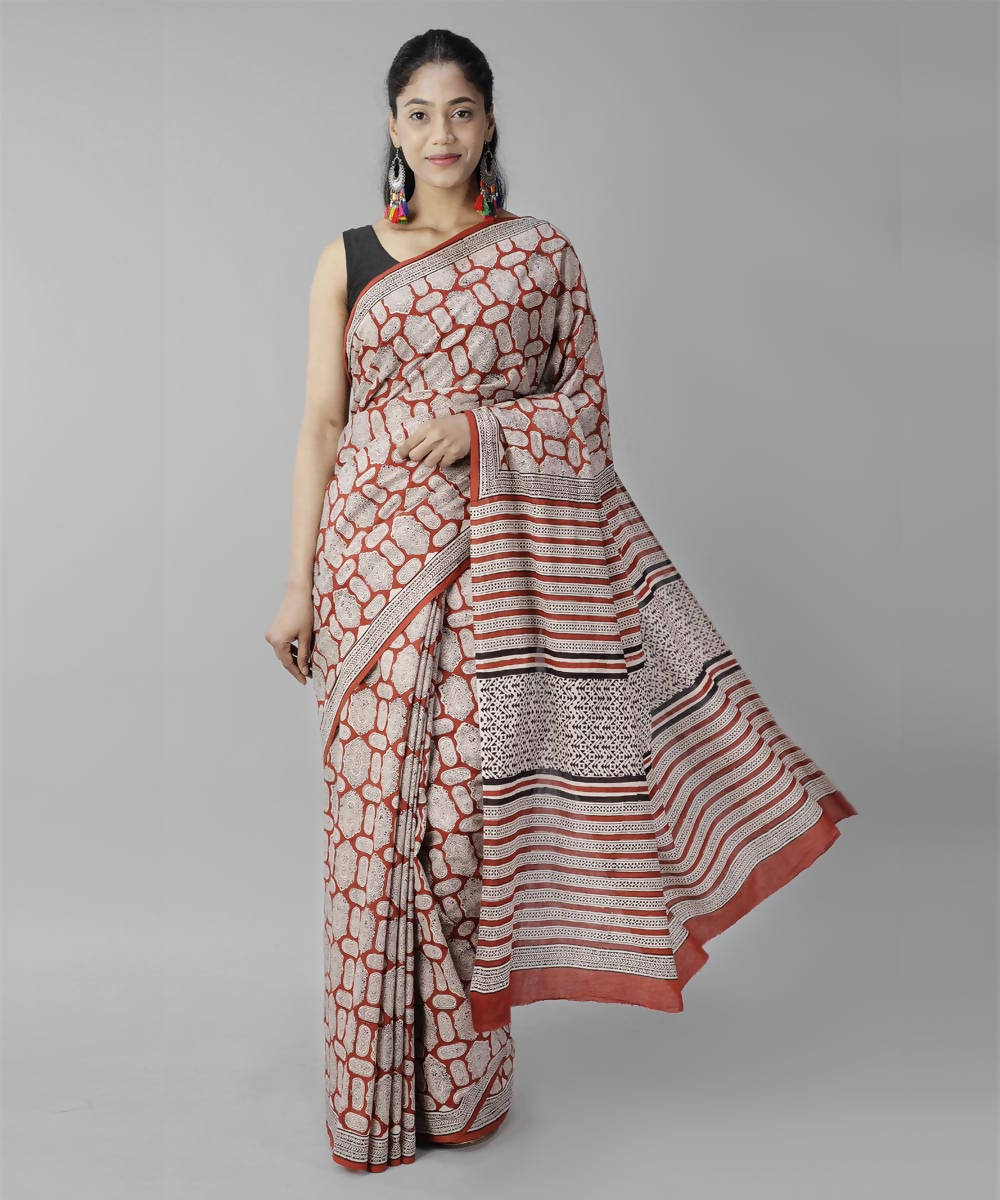 Red bagru handblock printed cotton saree