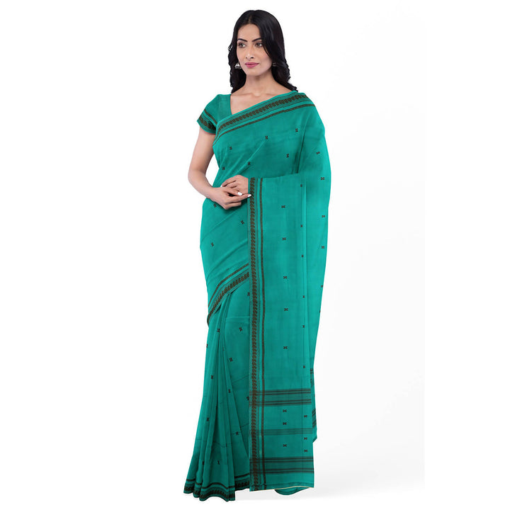 Teal green handloom cotton bandar saree