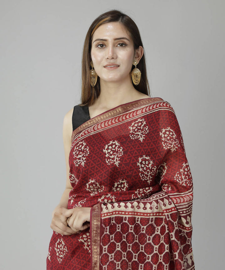 Dark red bagru handblock printed cotton silk saree