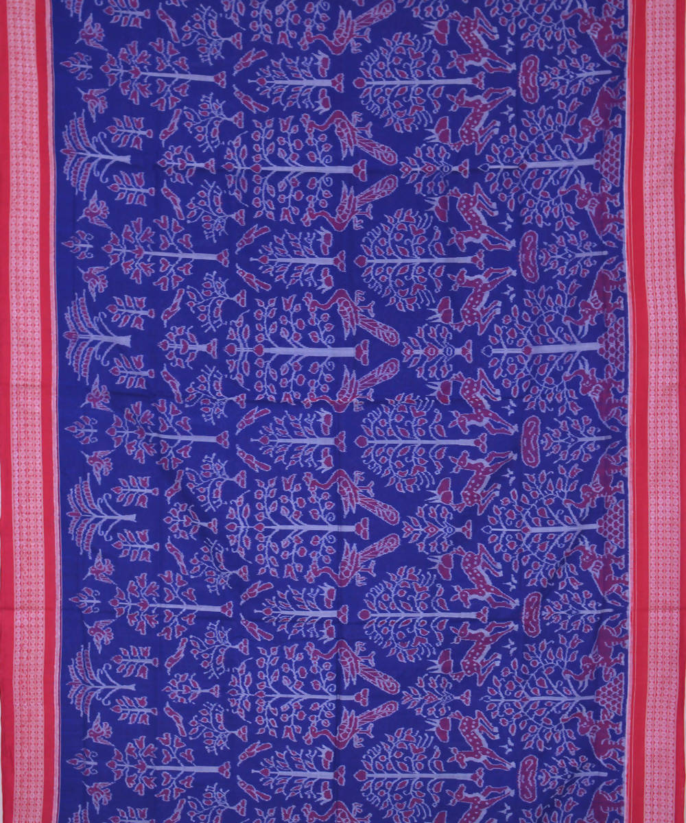 Blue red handwoven cotton ikat sambalpuri saree