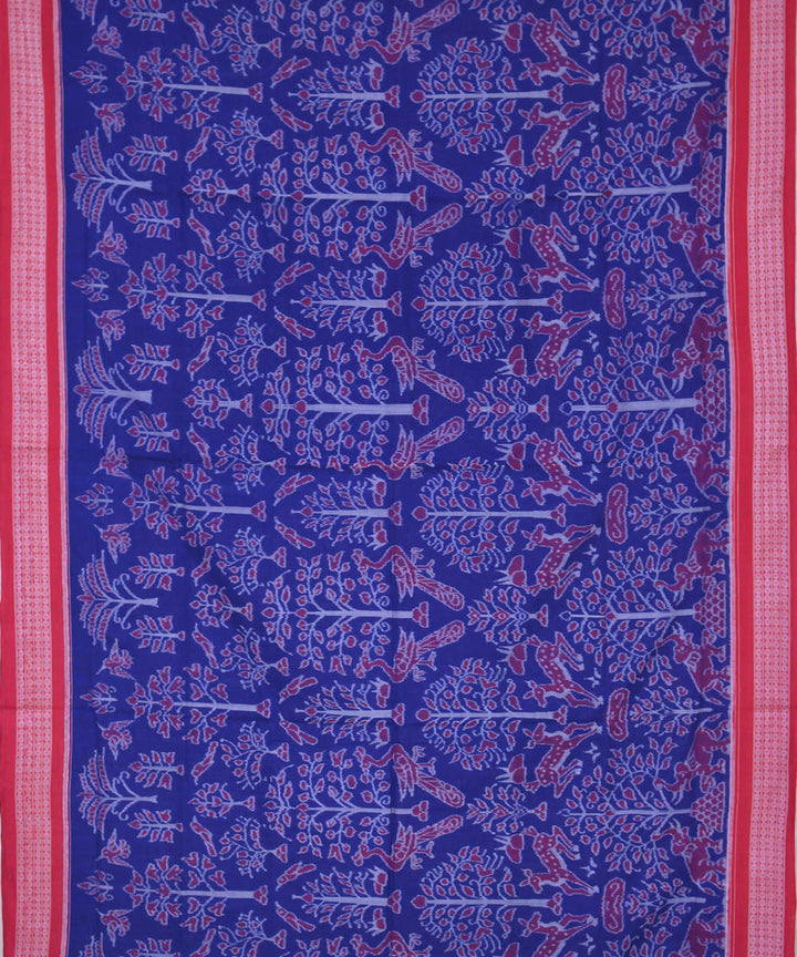 Blue red handwoven cotton ikat sambalpuri saree