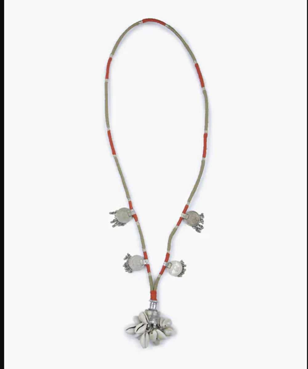 Boho repurposed metal and cowry necklace with fine thread wrapping