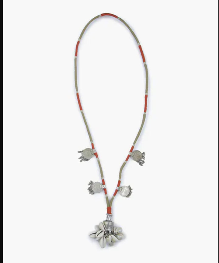 Boho repurposed metal and cowry necklace with fine thread wrapping