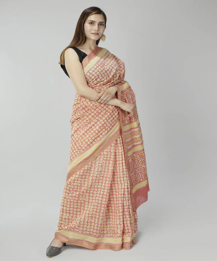 Peach bagru handblock printed cotton silk saree