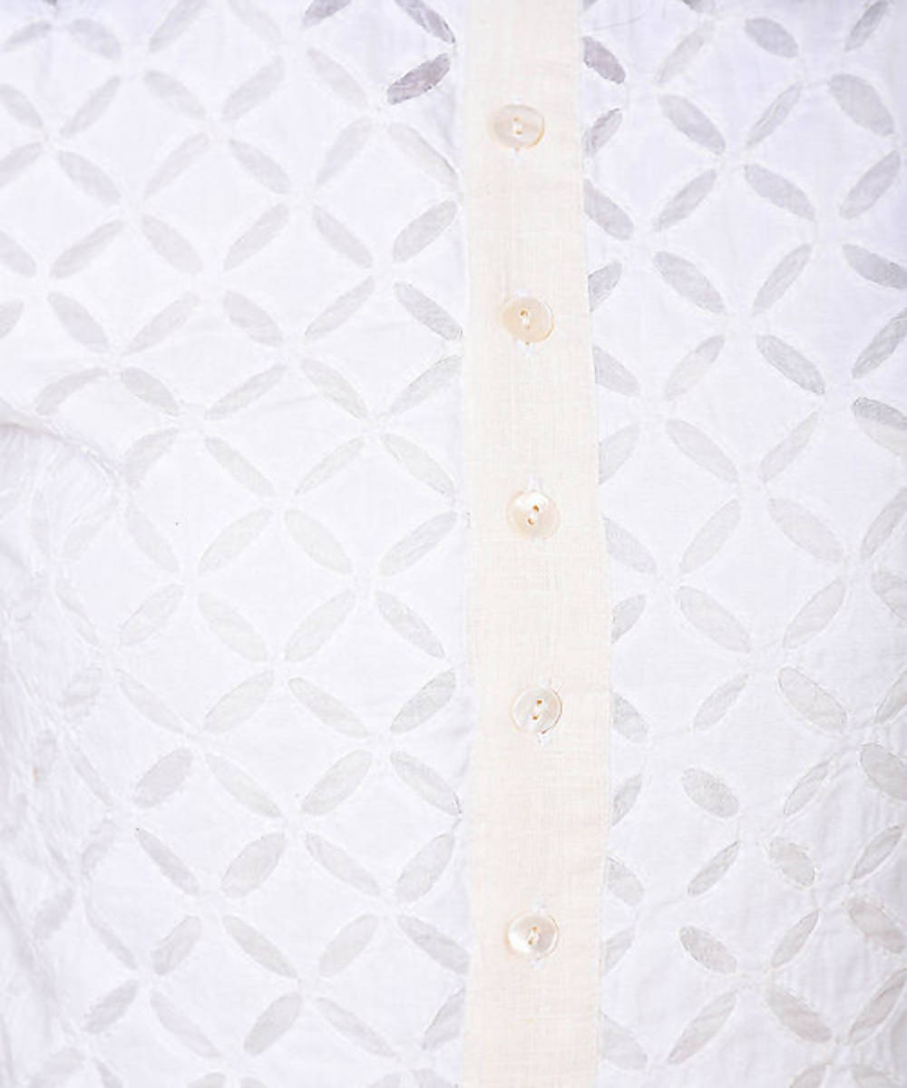 White kora sleeveless cutwork cotton crop top with back buttons