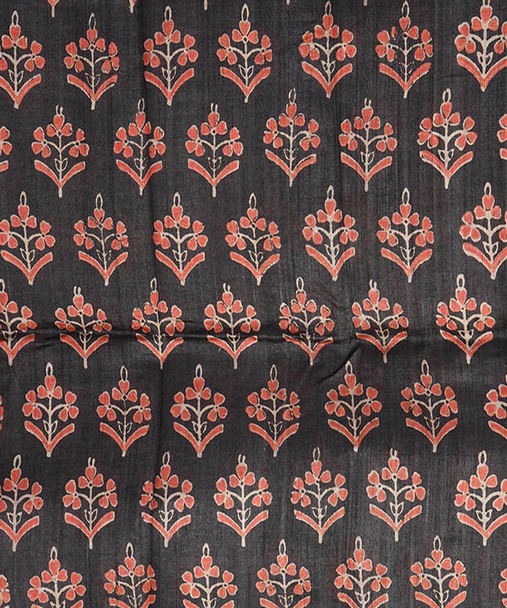 Black hand block printed tussar silk kurta material(2.5m per qty)