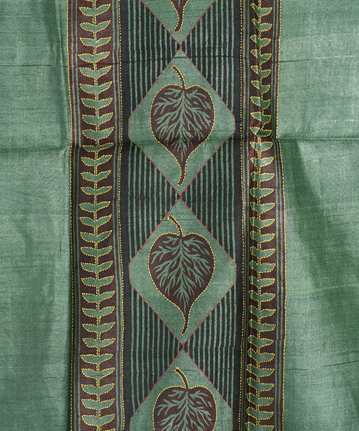 Olive green handblock print tussar silk kurta material(2.5m per qty)