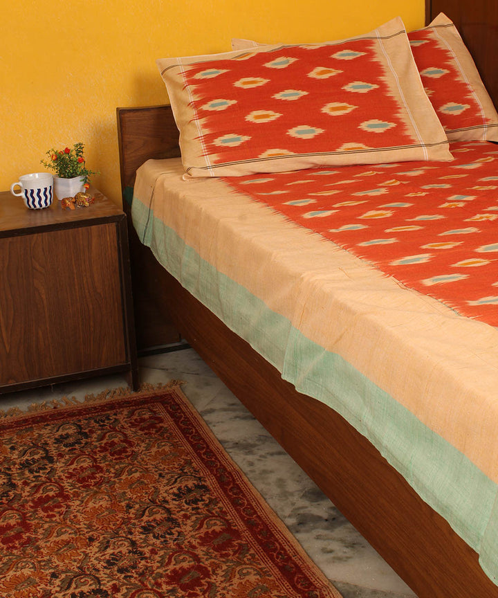 Orange brown cotton handwoven pochampally ikat bedsheet