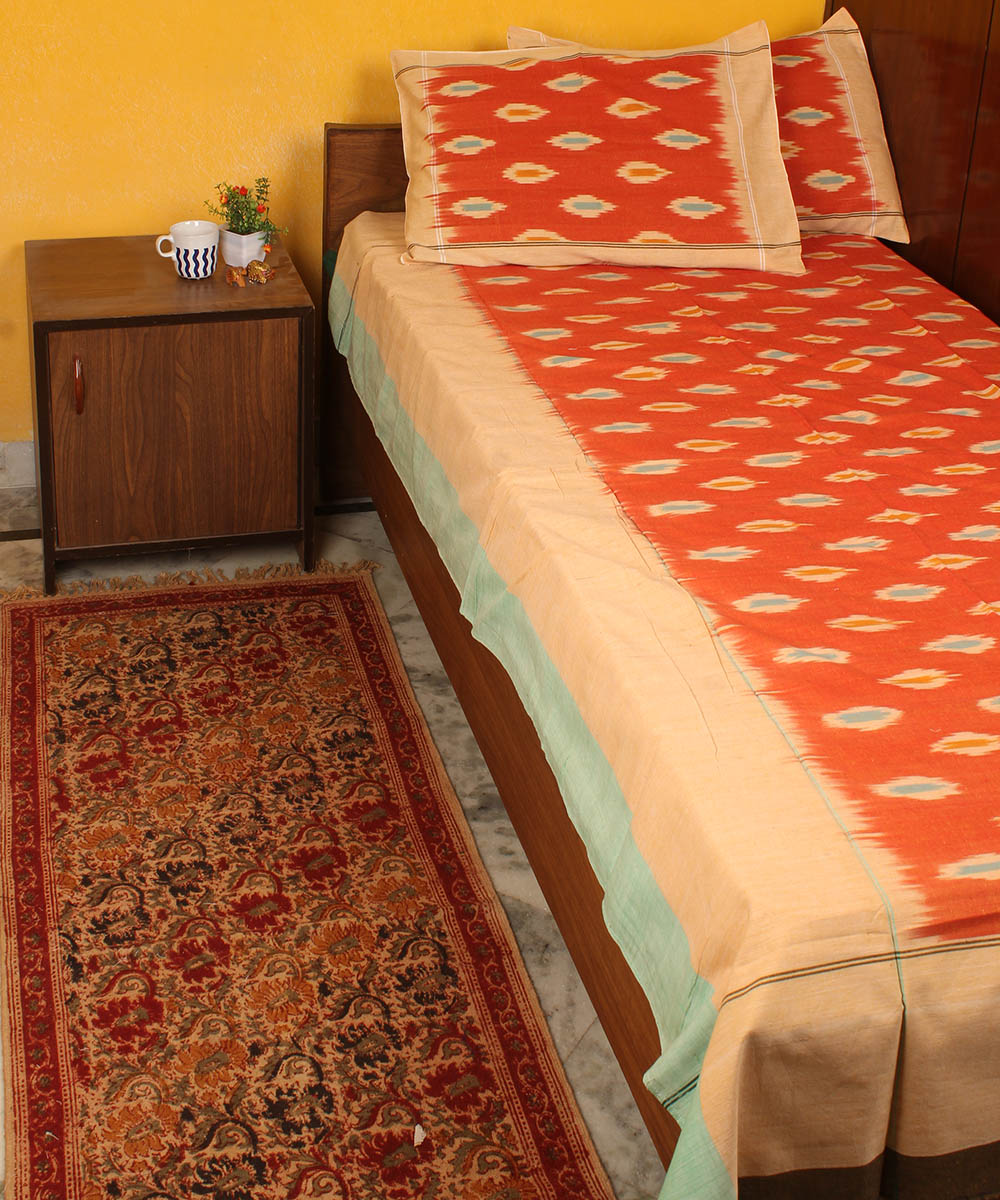 Orange brown cotton handwoven pochampally ikat bedsheet