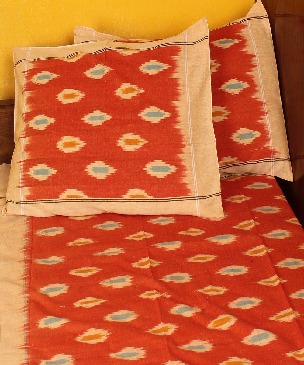 Orange brown cotton handwoven pochampally ikat bedsheet