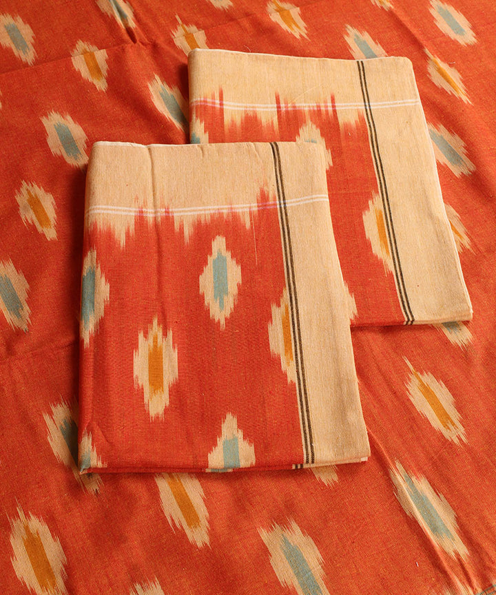 Orange brown cotton handwoven pochampally ikat bedsheet