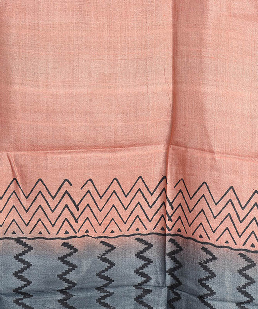 Grey peach handblock print tussar silk kurta material(2.5m per qty)