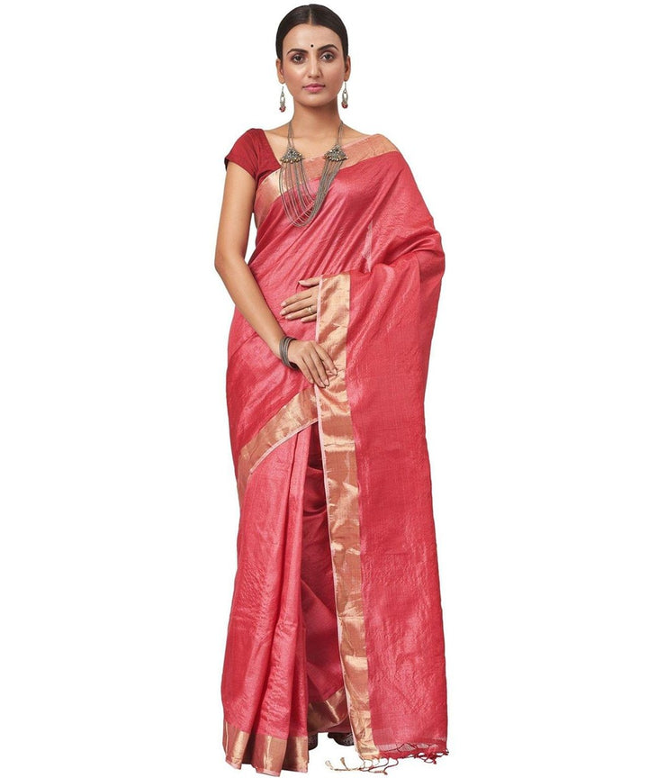 Biswa bangla handwoven red tussar silk saree with blouse piece