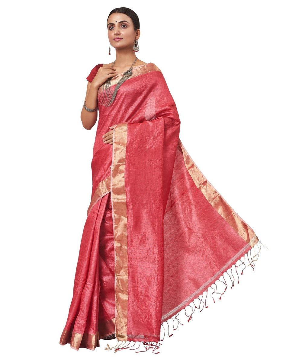 Biswa bangla handwoven red tussar silk saree with blouse piece