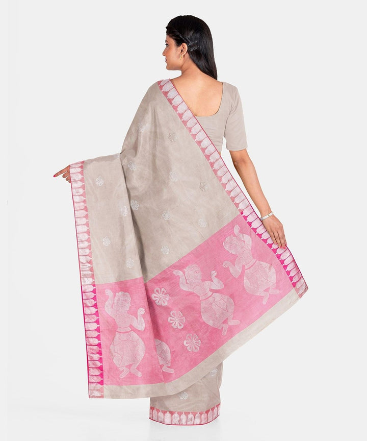 Biswa bangla handwoven beige pink silk saree