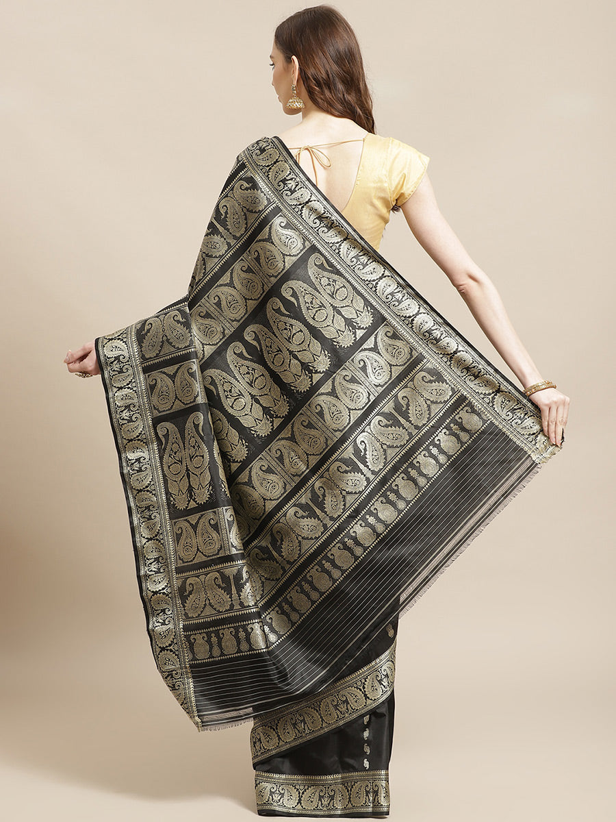 Biswa bangla black silk handwoven baluchari saree