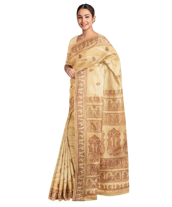 Biswa bangla handwoven beige baluchari silk saree