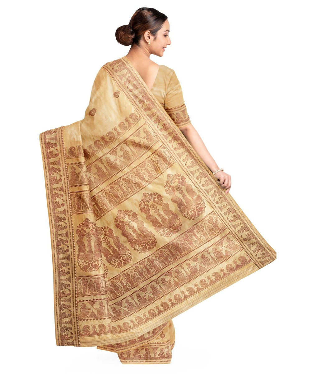 Biswa bangla handwoven beige baluchari silk saree