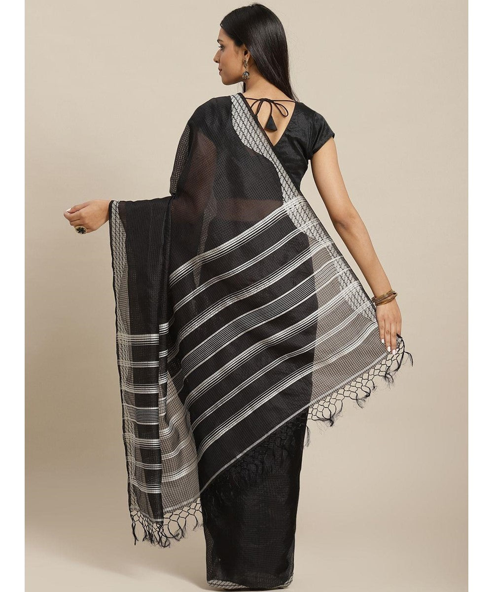 Biswa bangla handwoven black kora silk jamdani saree