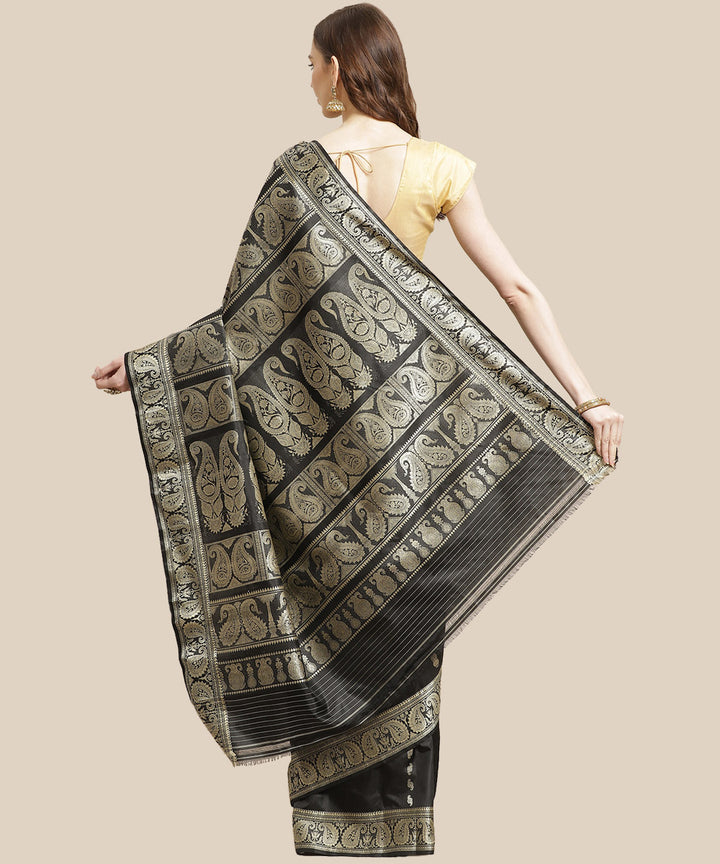 Biswa bangla handwoven black baluchari silk saree