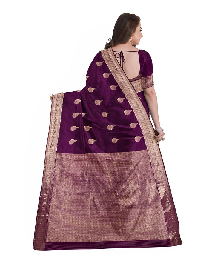 Biswa bangla purple golden silk hand loom baluchari saree