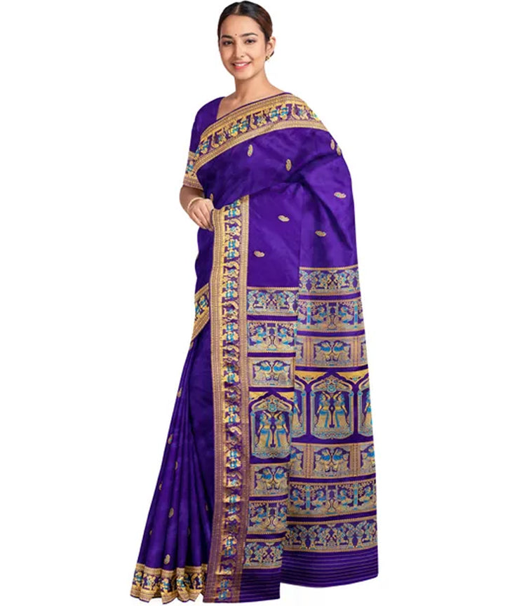 Biswa bangla purple golden silk handloom baluchari saree