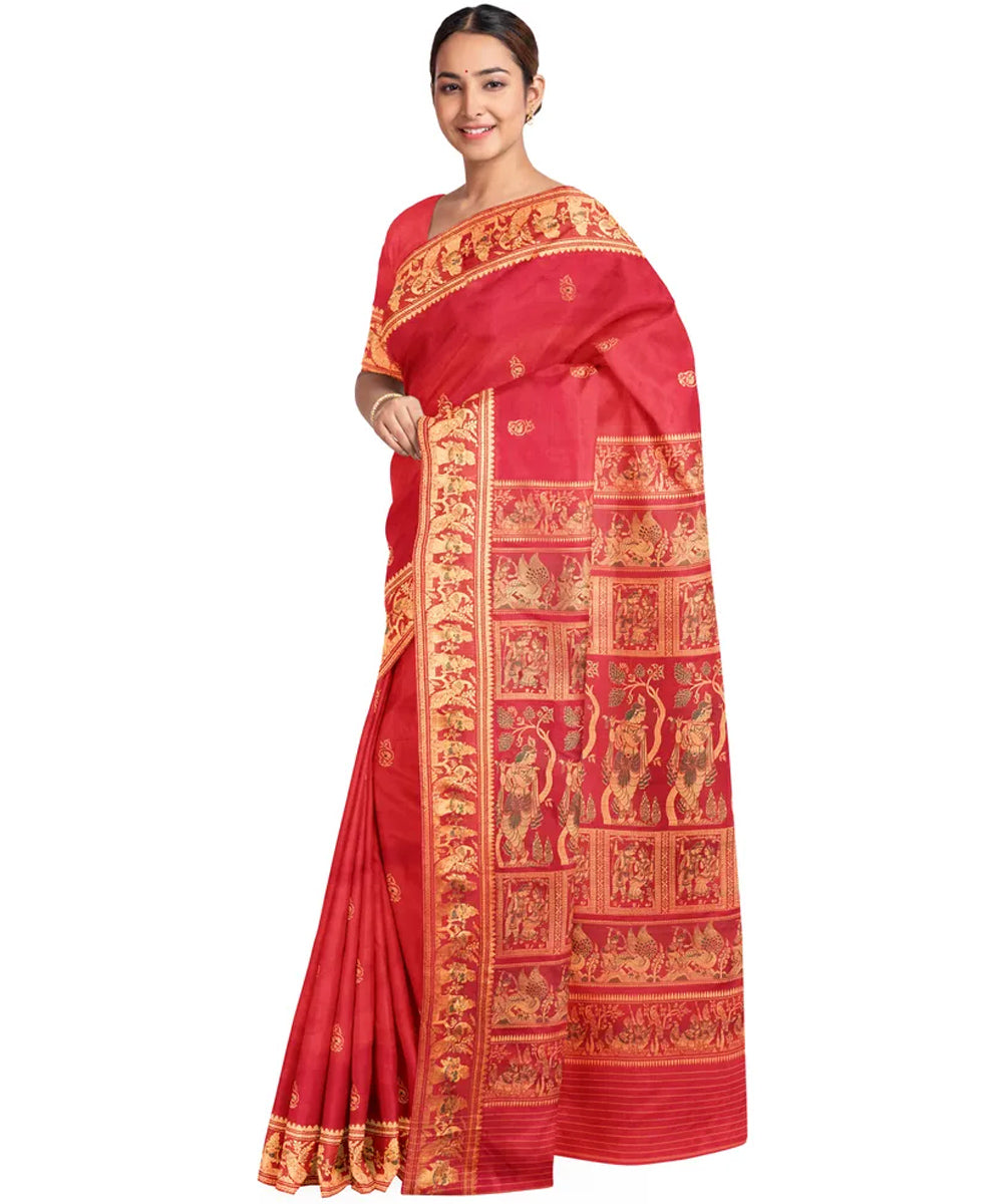 Biswa bangla red golden silk hand loom baluchari saree