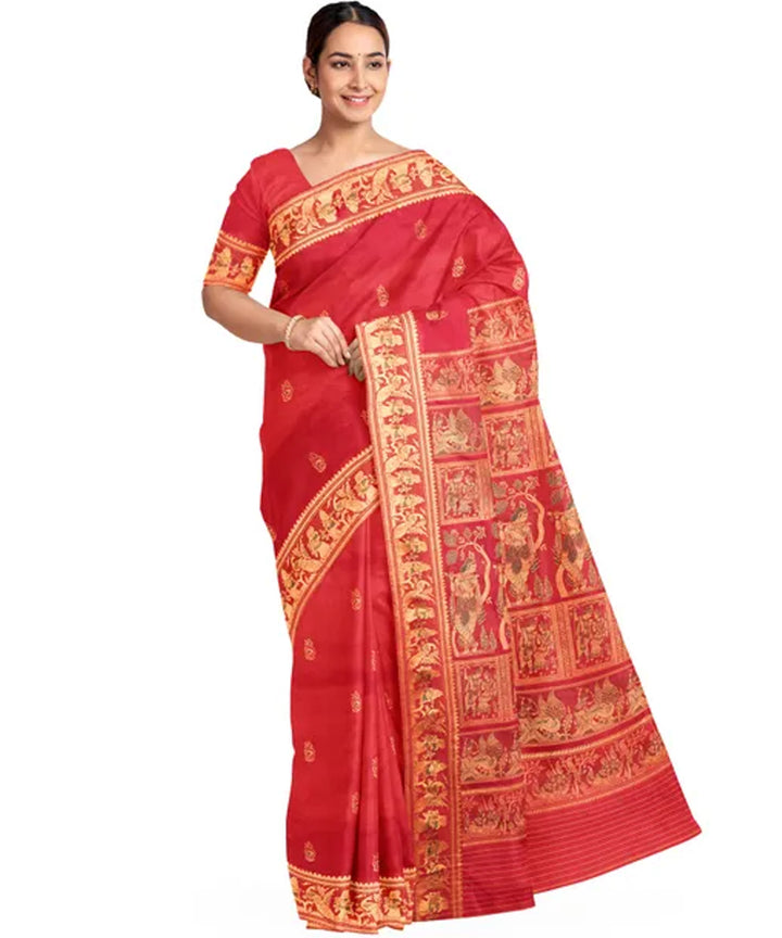 Biswa bangla red golden silk hand loom baluchari saree
