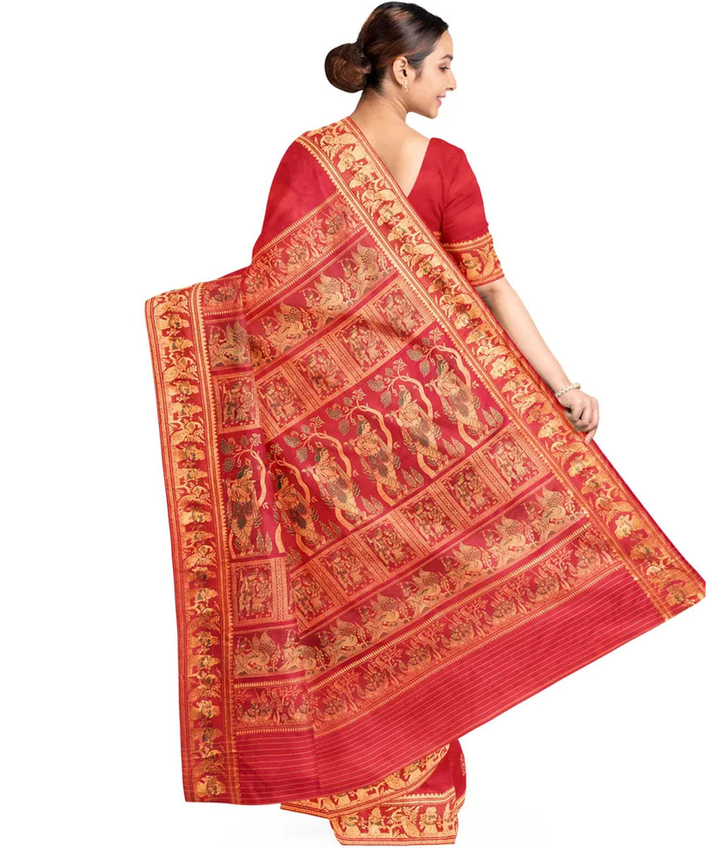 Biswa bangla red golden silk hand loom baluchari saree