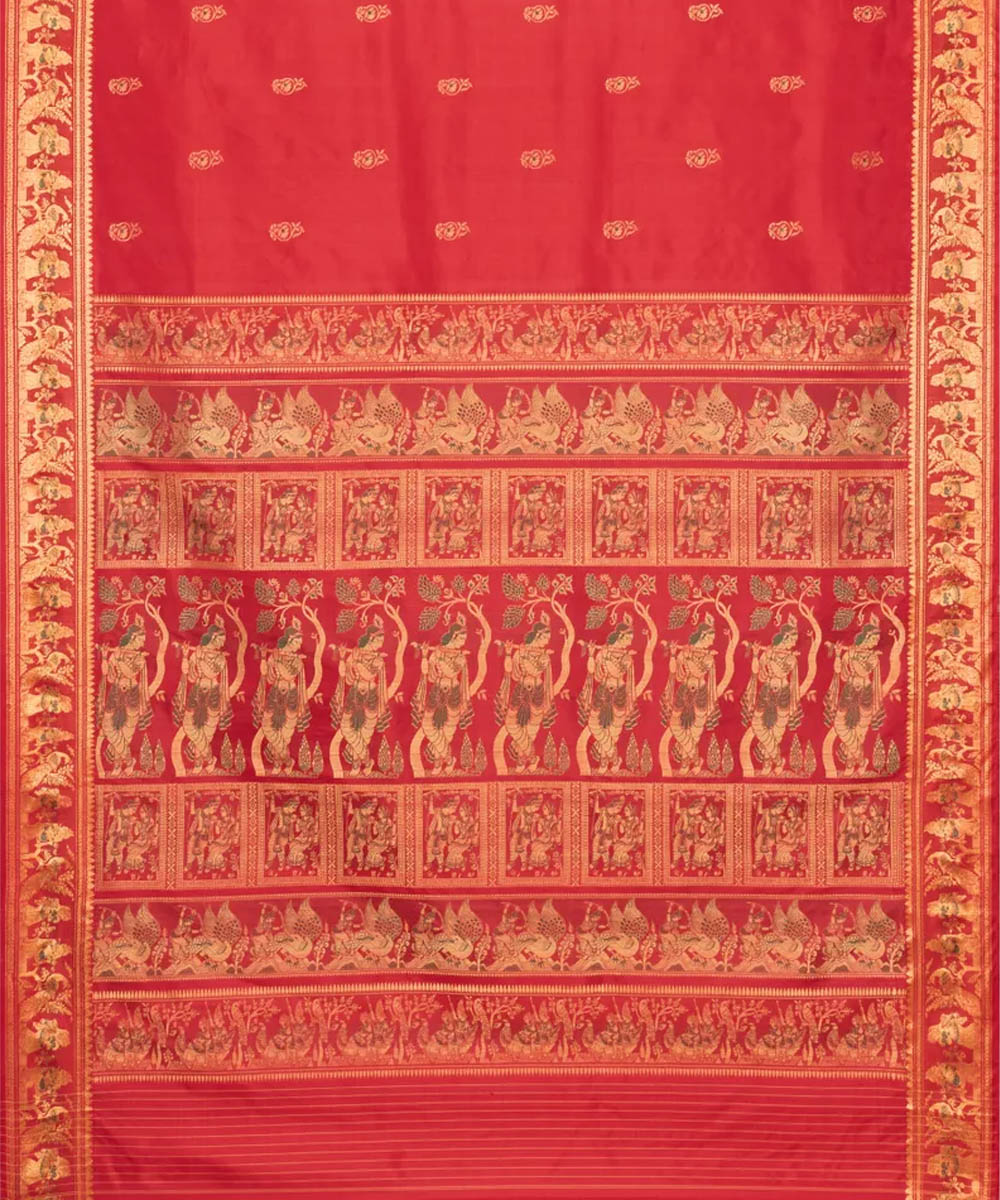Biswa bangla red golden silk hand loom baluchari saree