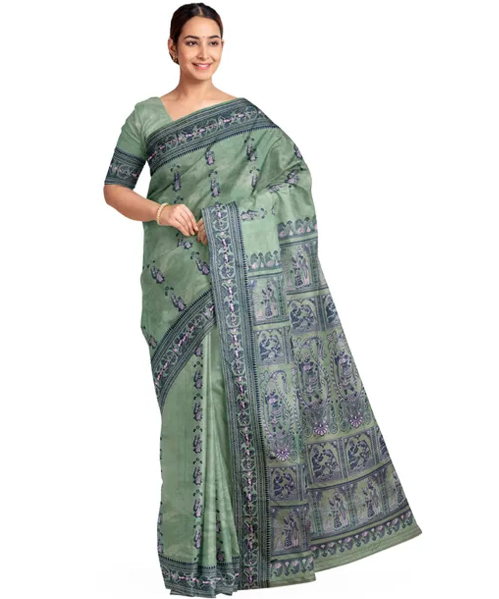 Biswa bangla light green navy silk handloom baluchari saree