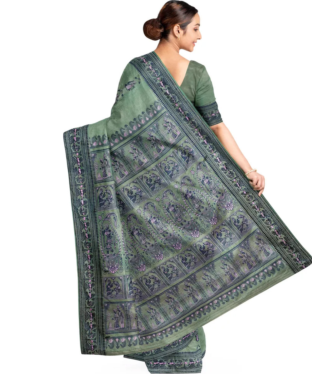 Biswa bangla light green navy silk handloom baluchari saree