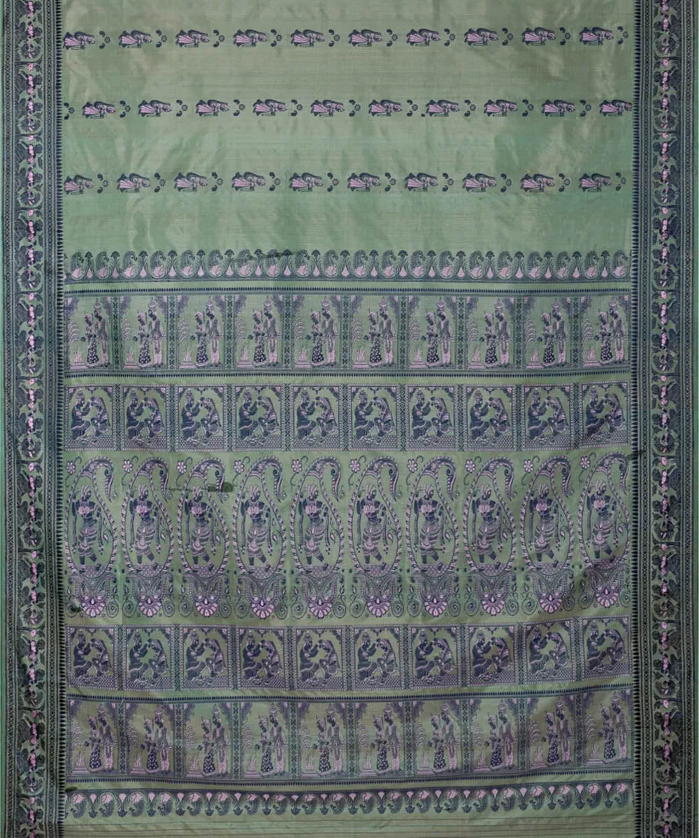 Biswa bangla light green navy silk handloom baluchari saree
